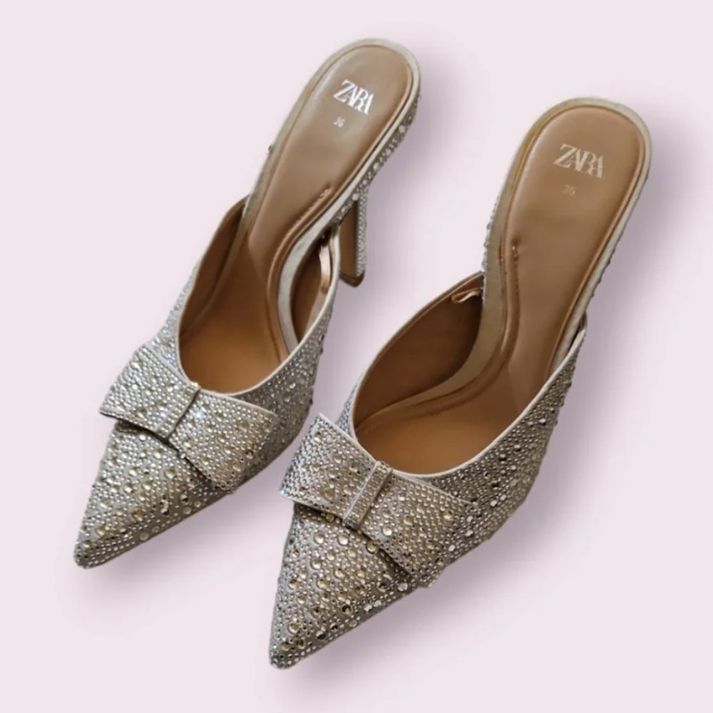 NWOT Sequin Glitter Bow Heeled Mules | Silver Mules | Glitter Mules